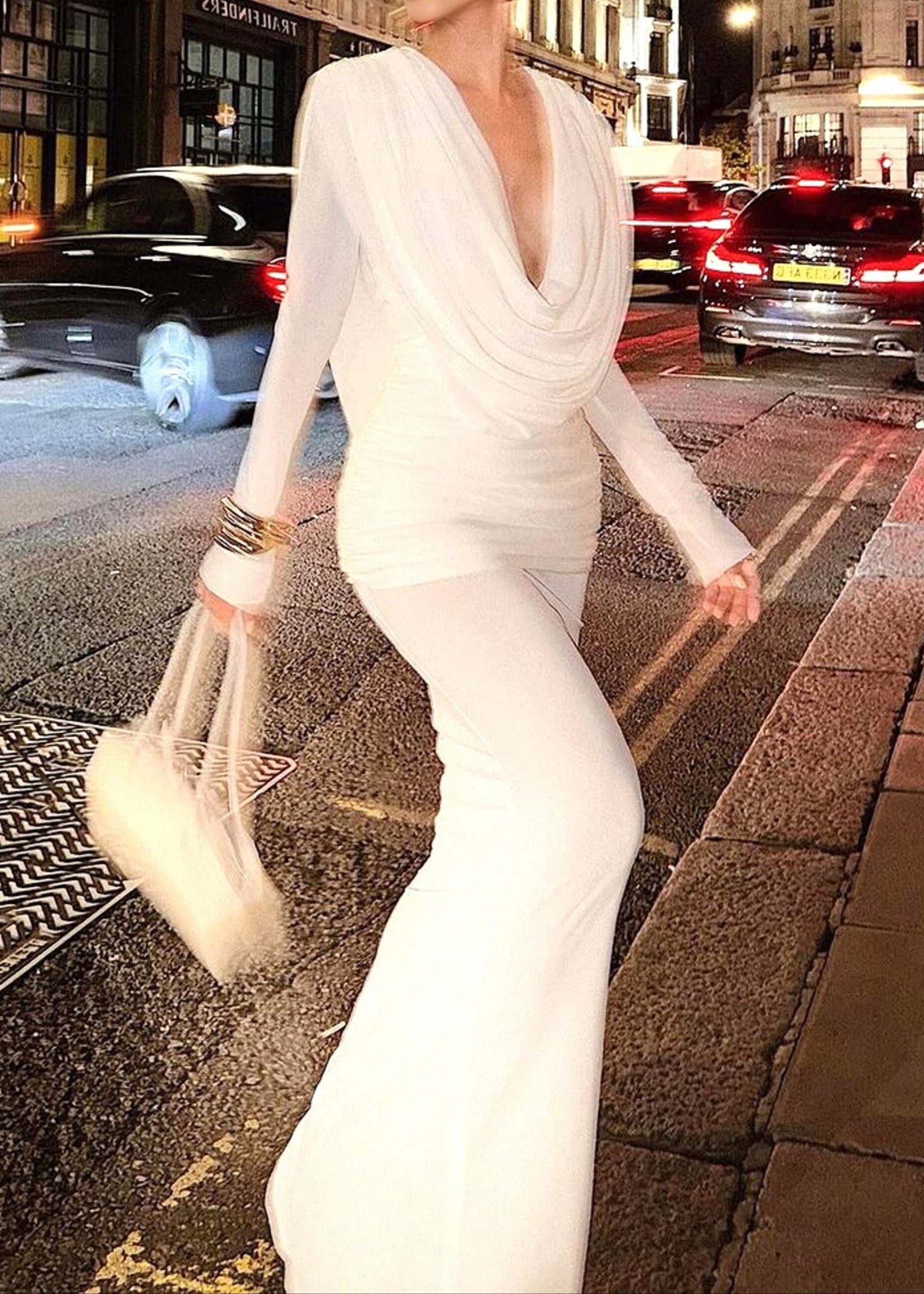 Sagebrush Long Sleeve Draped Backless Maxi Dress In White