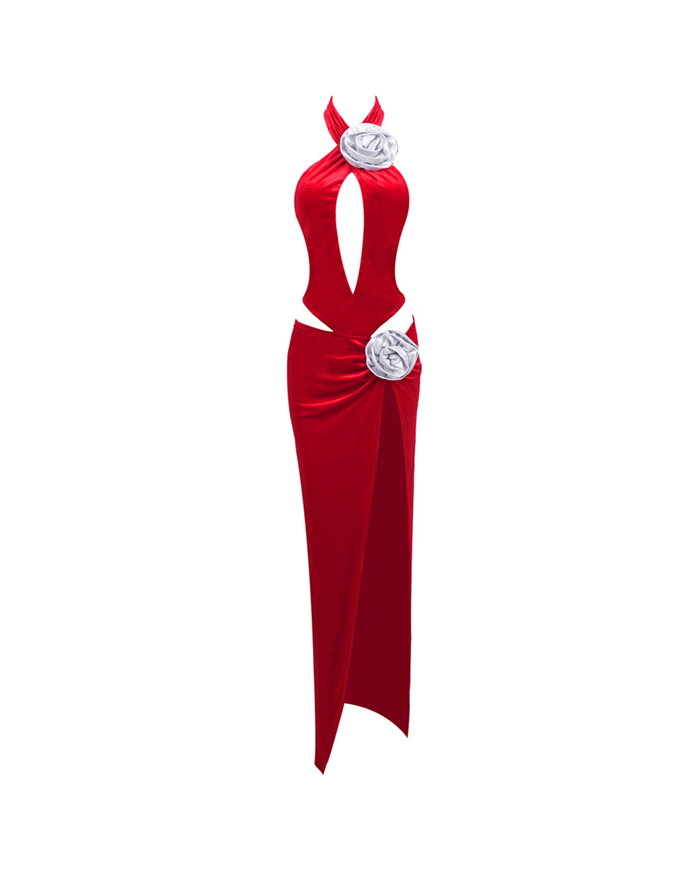 Vieira Crystal Rose Flower Cutout Maxi Dress In Red