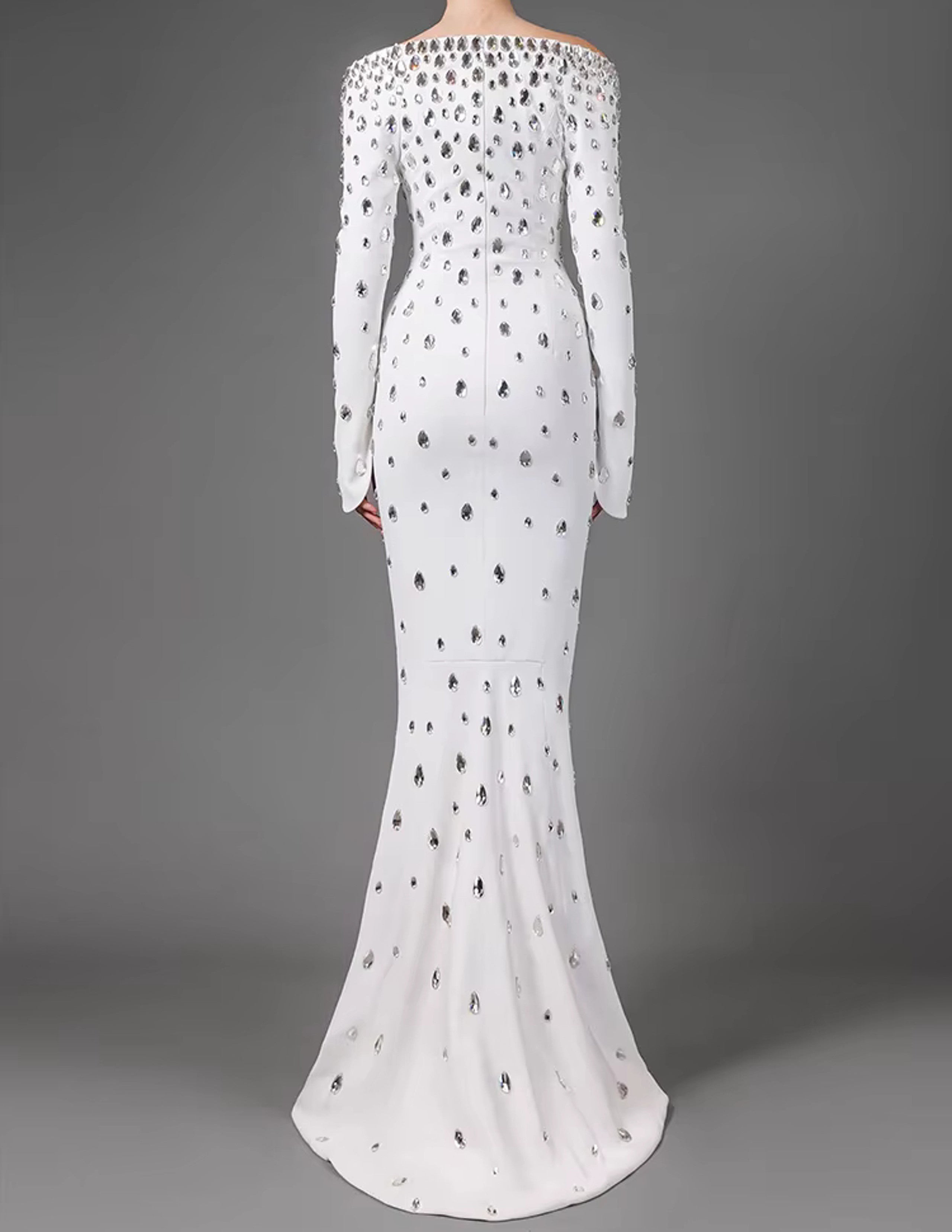 Bethel Long Sleeve Crystal A Line Maxi Dress In White