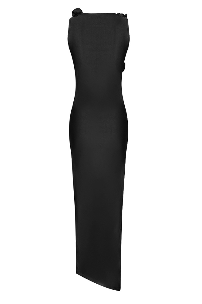 Brendy Ruched Bow Floral Maxi Dress In Black