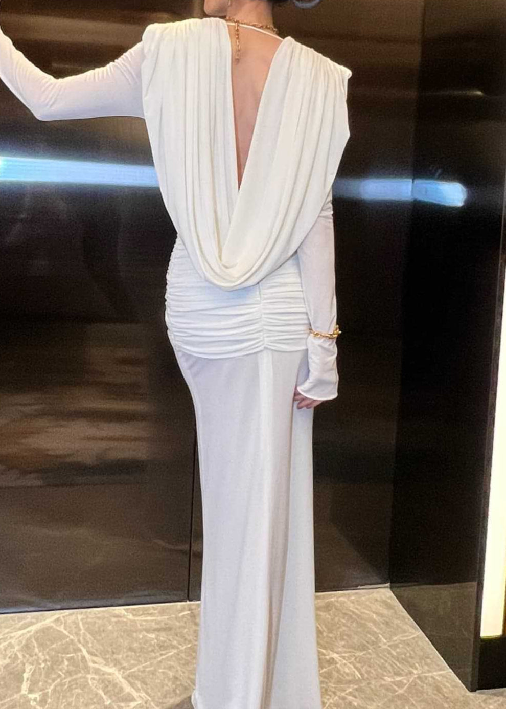 Sagebrush Long Sleeve Draped Backless Maxi Dress In White