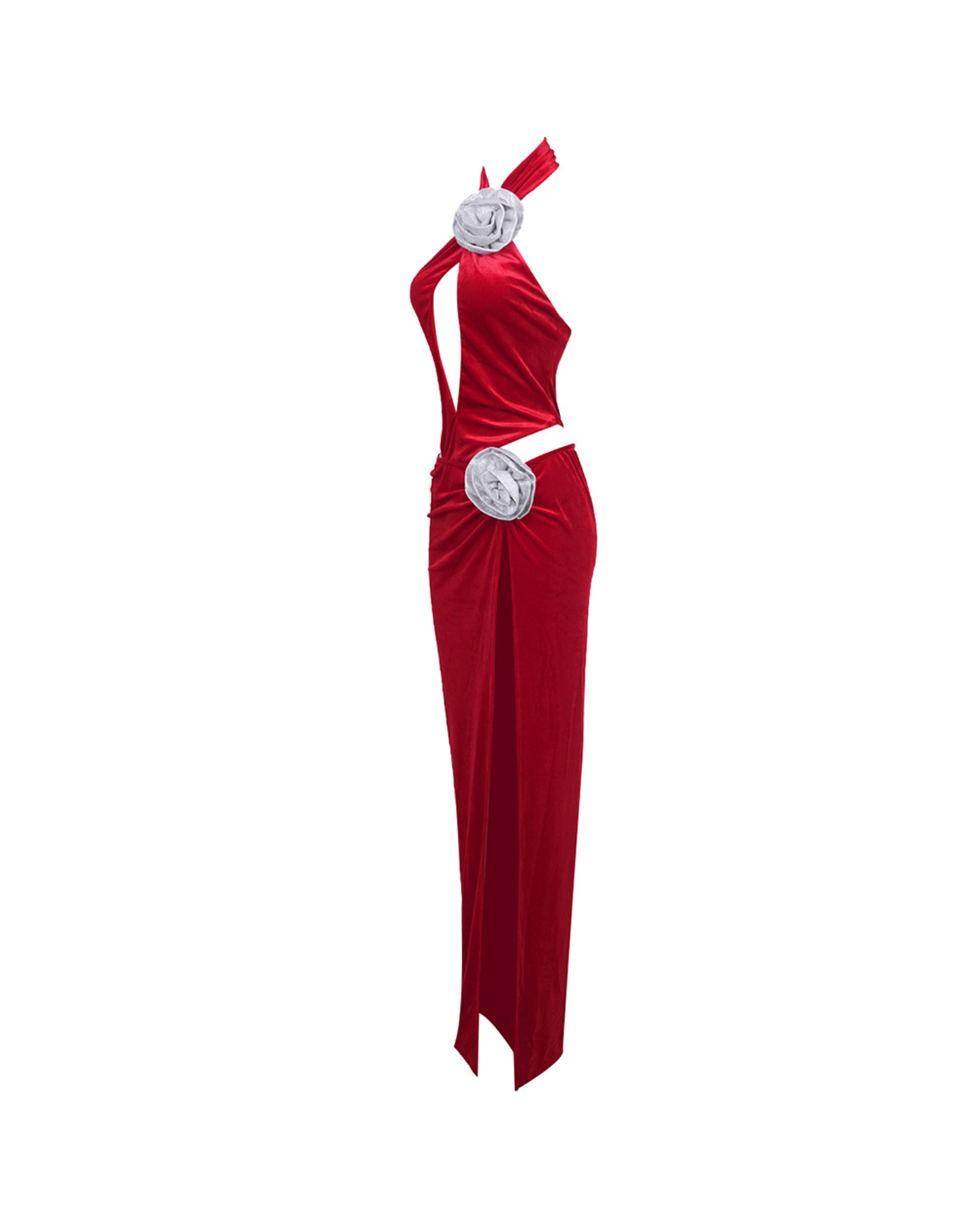 Vieira Crystal Rose Flower Cutout Maxi Dress In Red