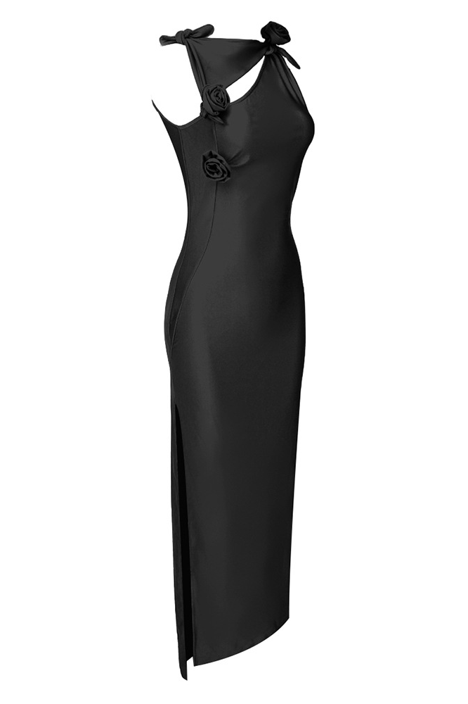 Brendy Ruched Bow Floral Maxi Dress In Black