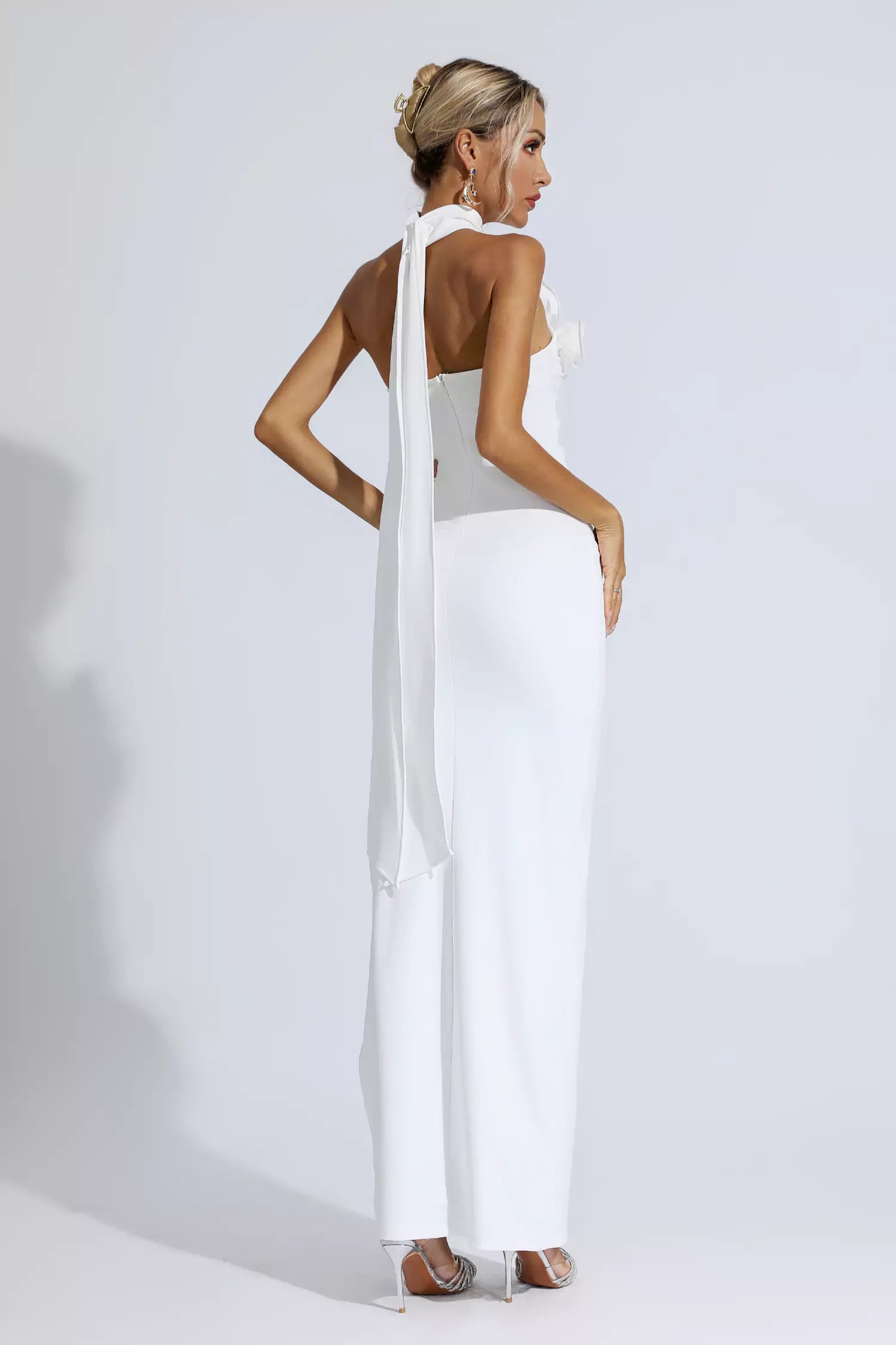 Dalary White Floral Ruched Halter Maxi Dress