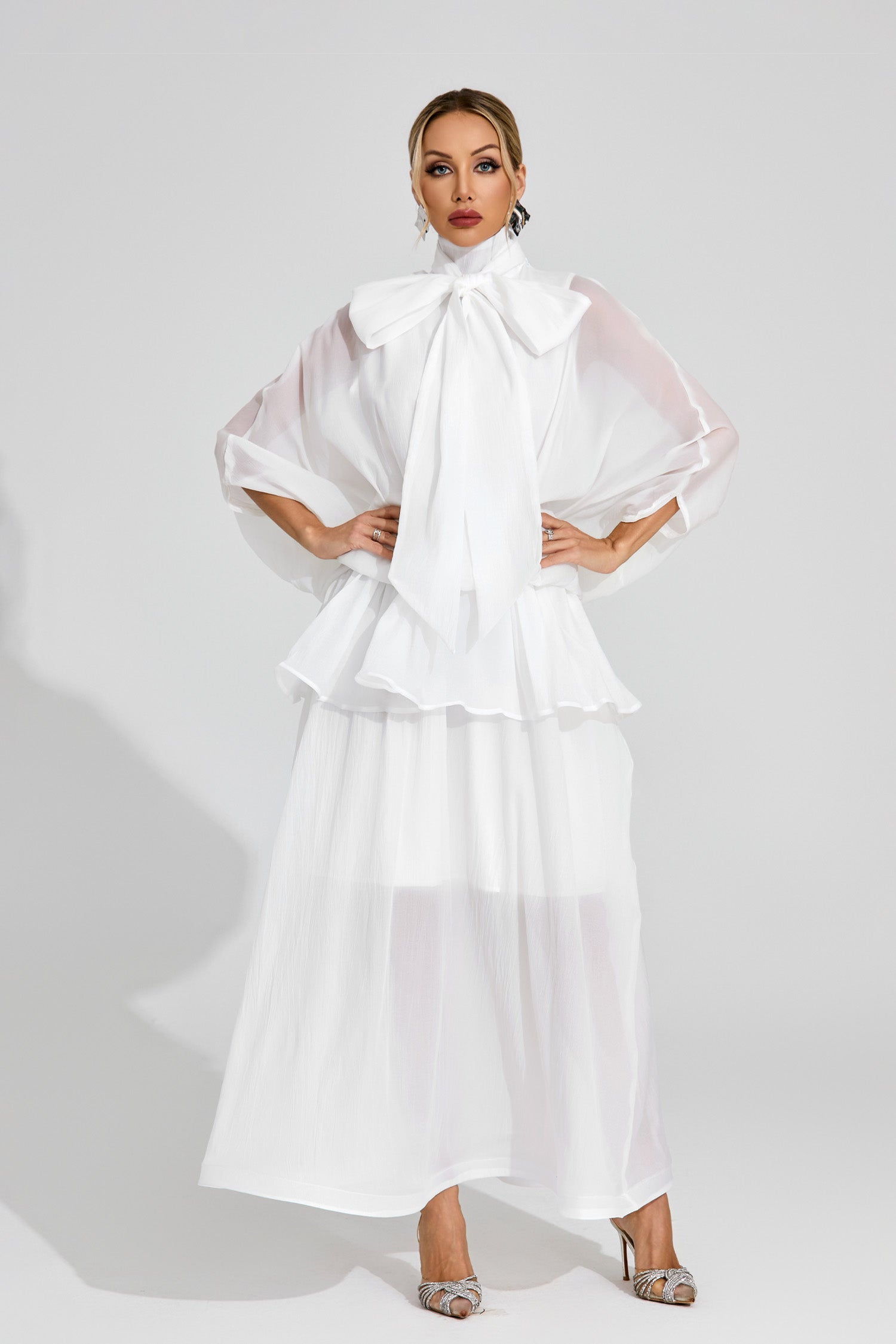 Doren Sheer Bow Maxi Dress In White