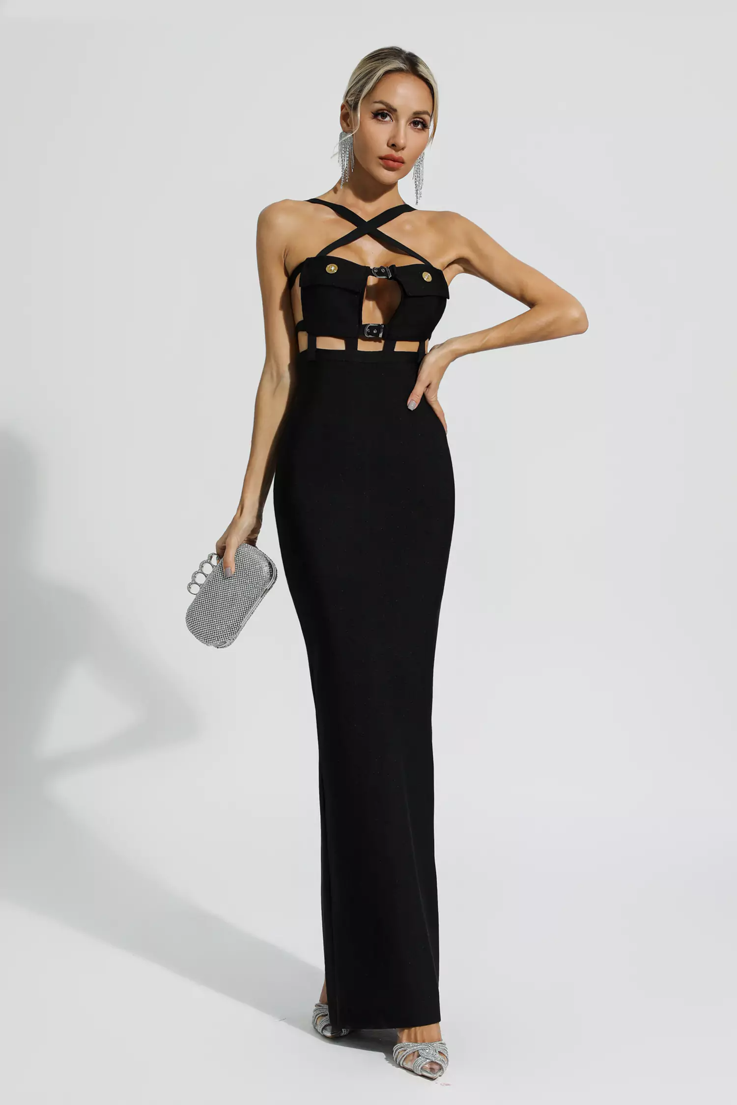 Remy Cross Halter Pocket Bandage Maxi Dress