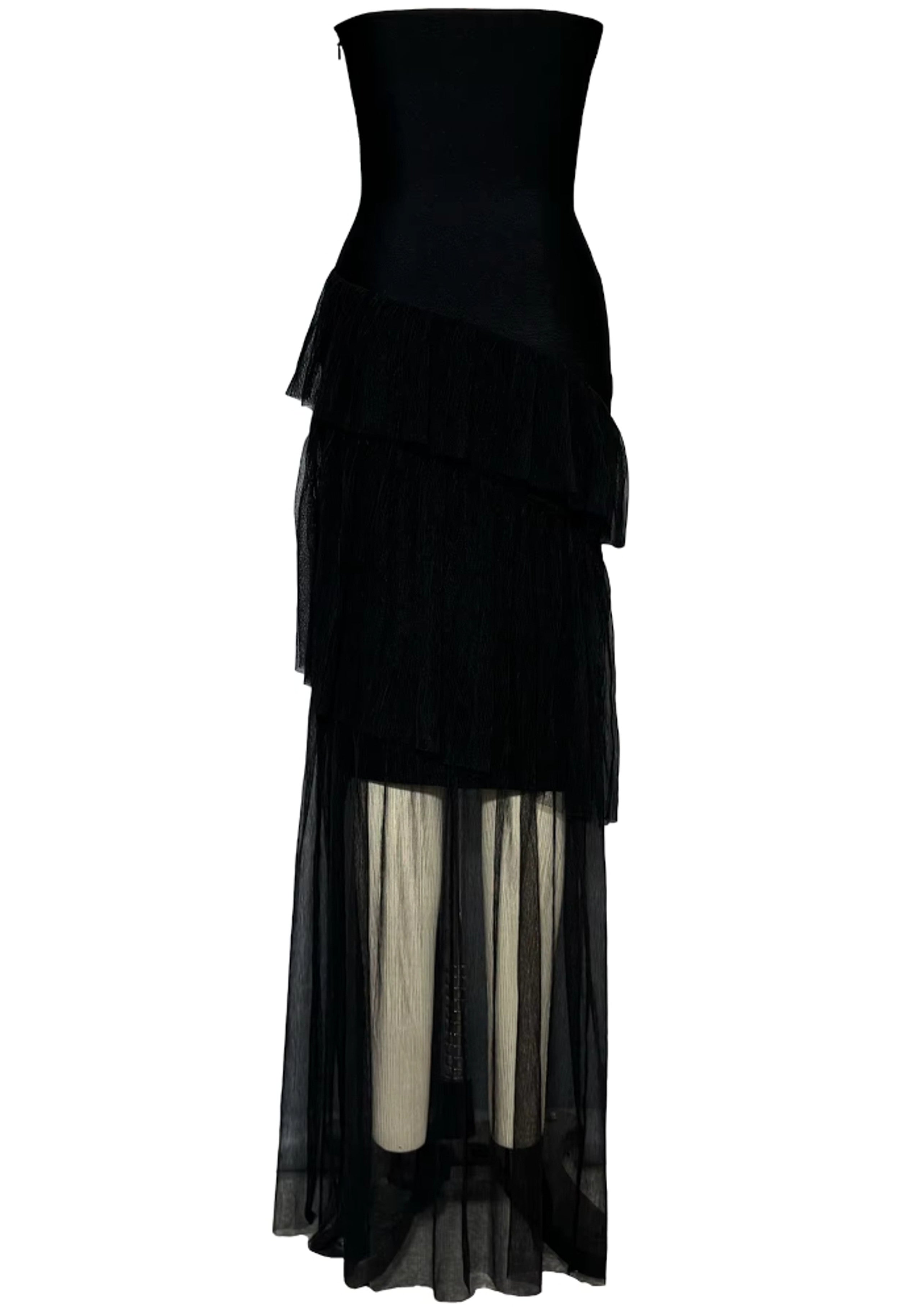 Syvanna Strapless Crystal Ruffle Maxi Dress In Black