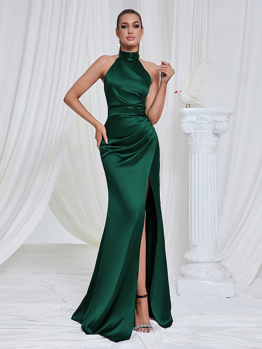 Atarah Halter Slit Satin Mermaid Maxi Dress In Green