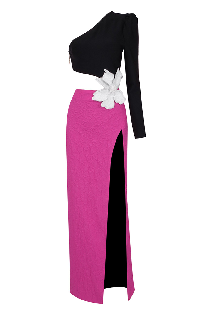 Unika Colorblock Beaded Floral One-Shoulder Bandage Maxi Dress