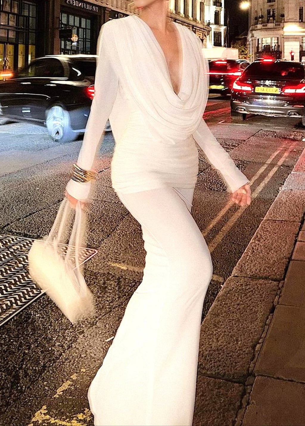 Sagebrush Long Sleeve Draped Backless Maxi Dress In White