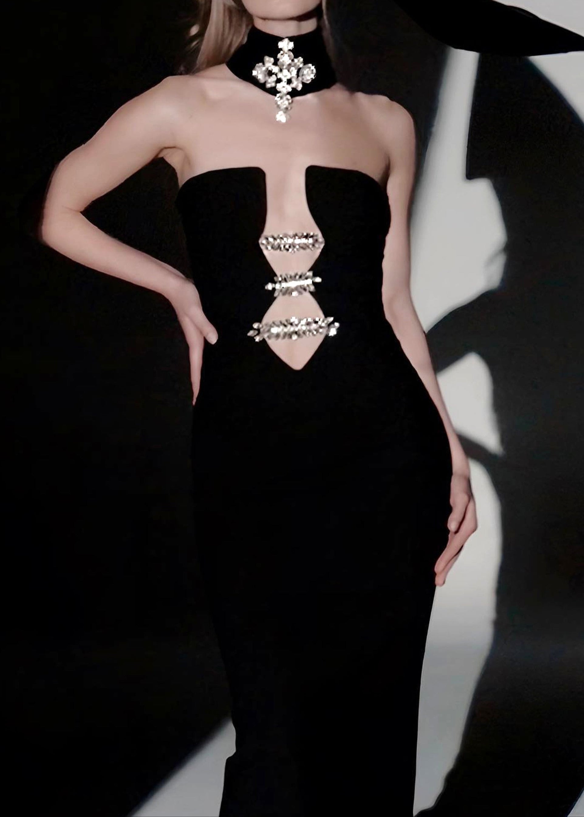Aistys Strapless Crystal Choker Maxi Dress In Black
