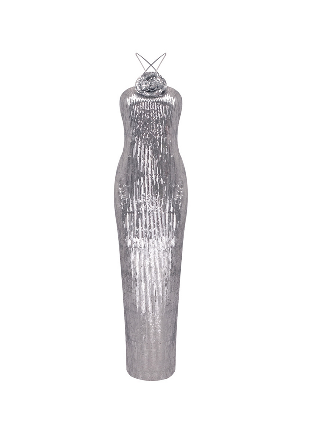 Devrim Floral-Appliqué Sequin Maxi Dress In Silver