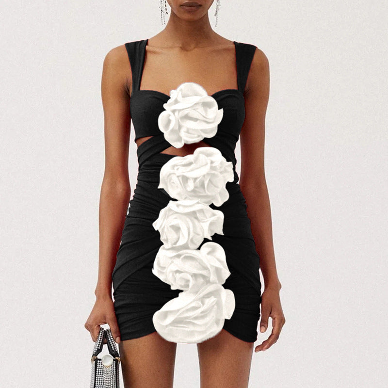 Aizen 3d Flower One Piece Swimsuit And Skirt In Black