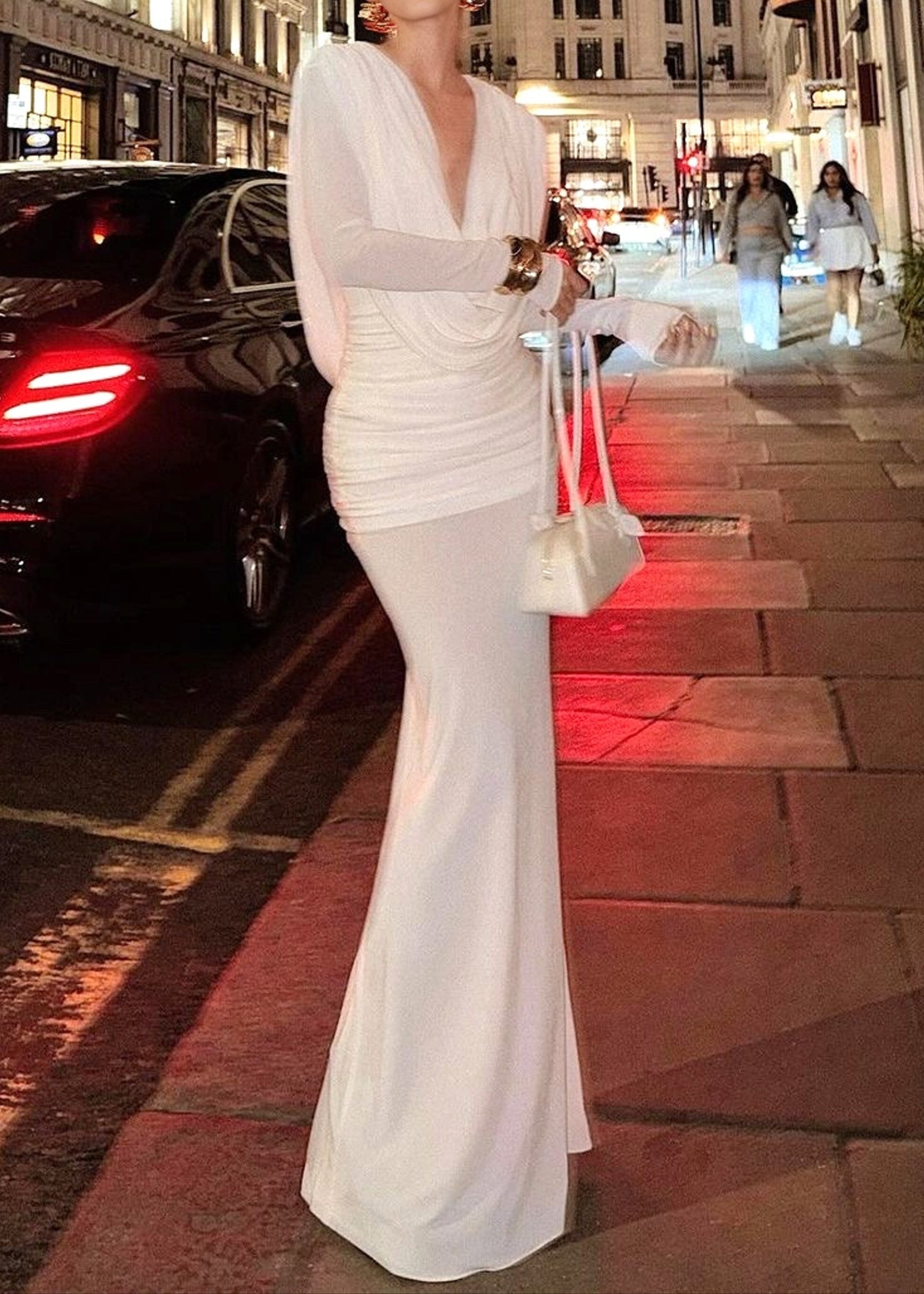Sagebrush Long Sleeve Draped Backless Maxi Dress In White