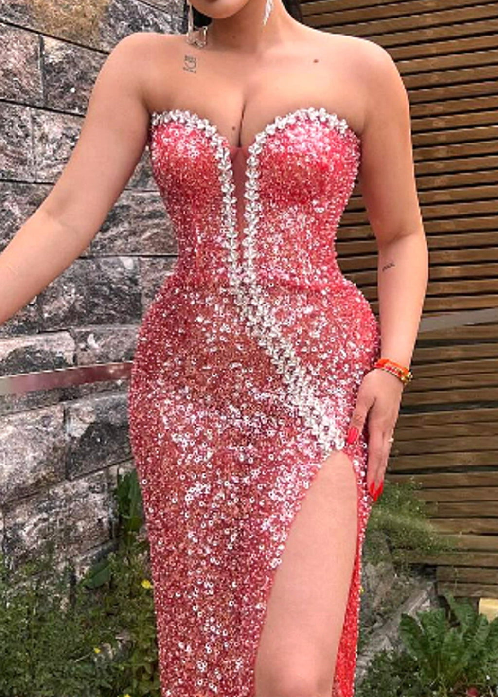 Azhor Strapless Crystal Sequin Maxi Dress In Watermelon