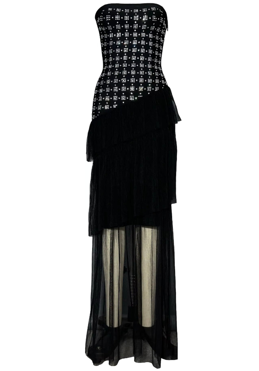 Syvanna Strapless Crystal Ruffle Maxi Dress In Black