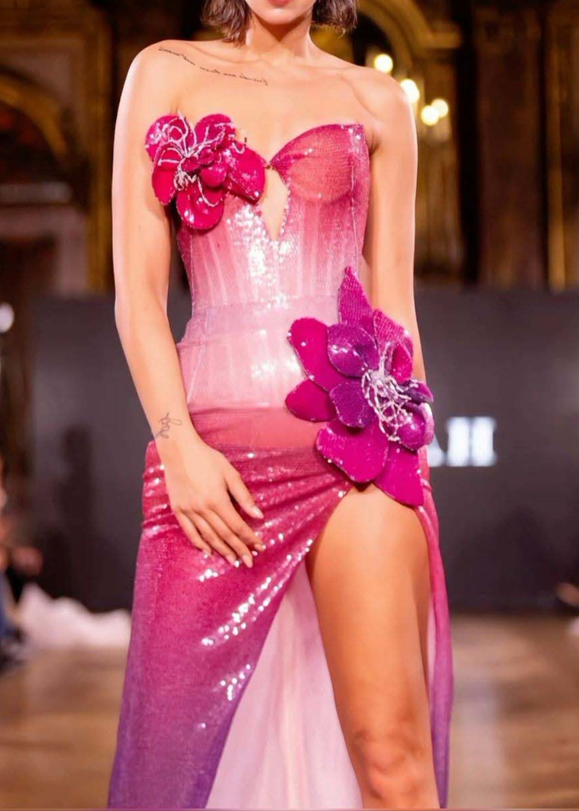 Caelith Strapless Floral Sequin Maxi Dress Hot In Pink