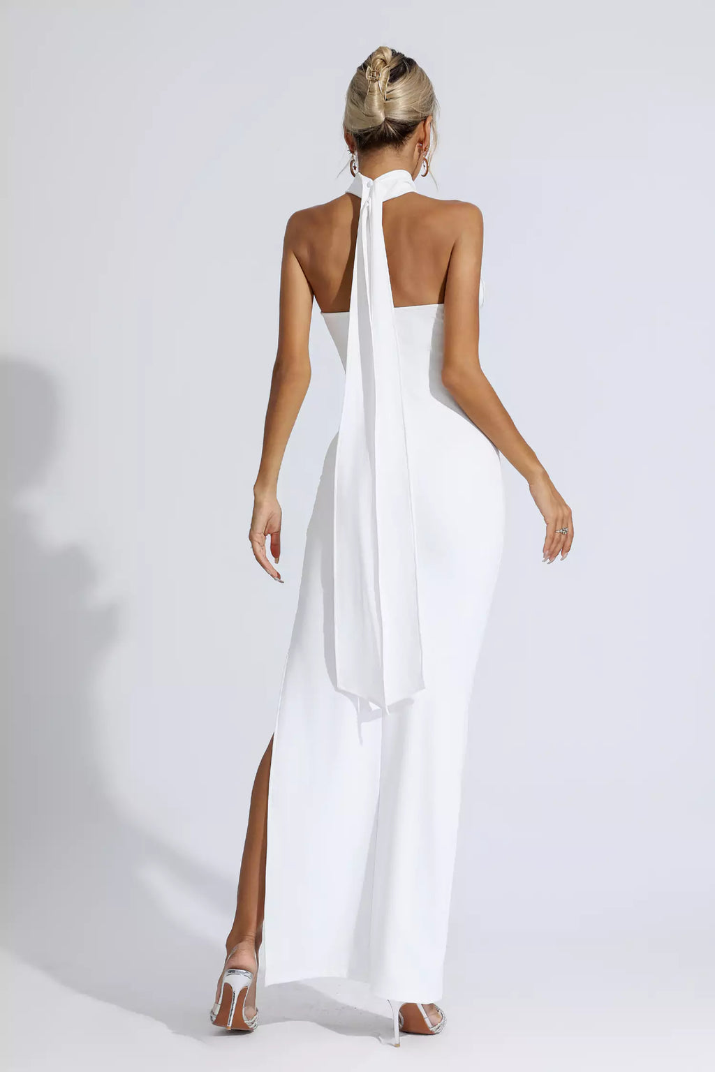 Dalary White Floral Ruched Halter Maxi Dress