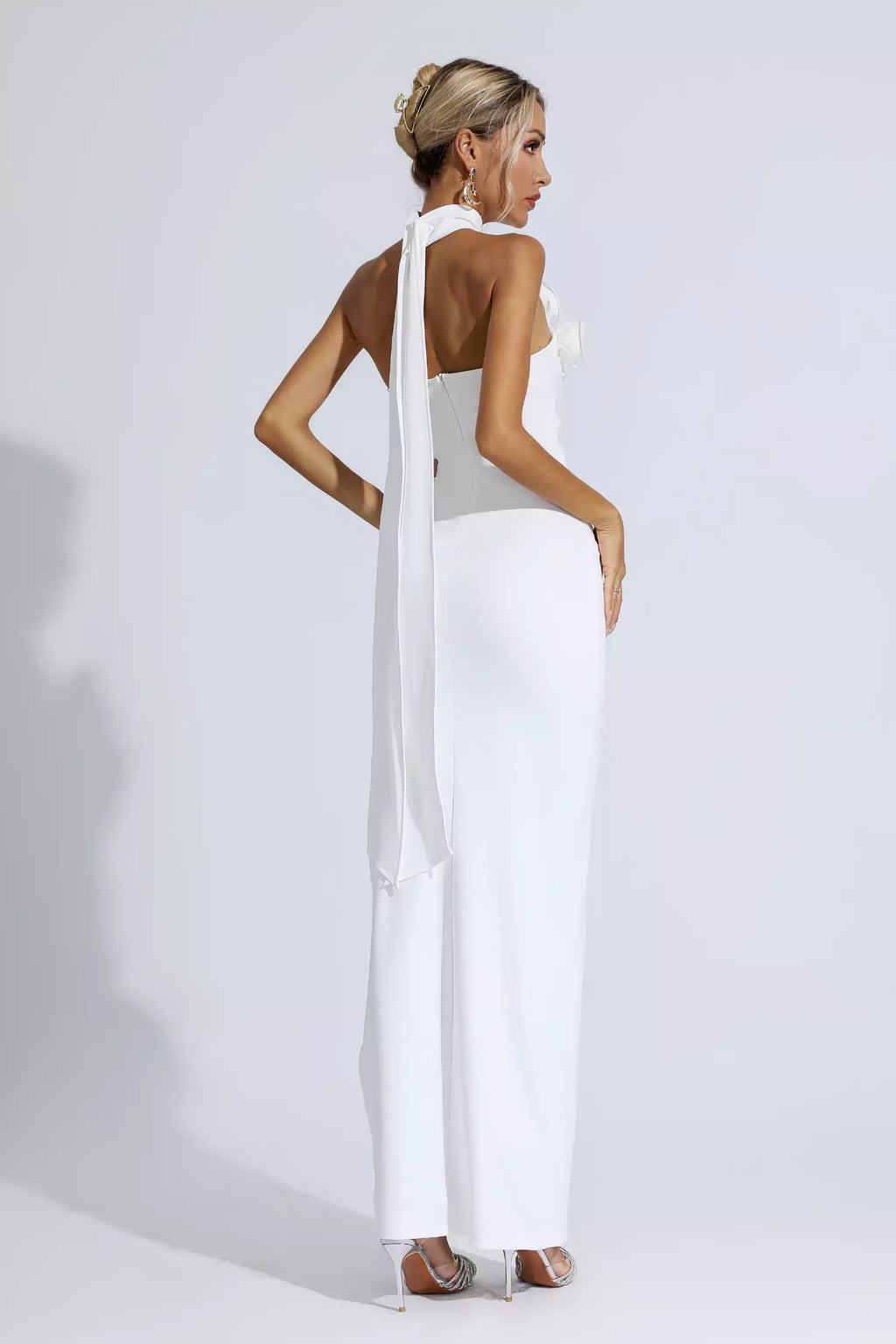 Dalary White Floral Ruched Halter Maxi Dress
