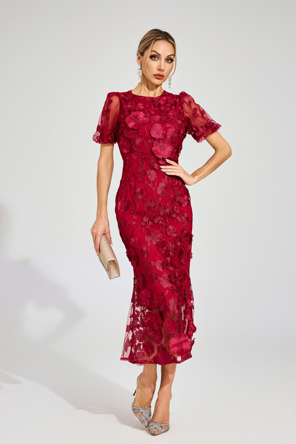 Elvandis Flower Mesh Maxi Dress In Red