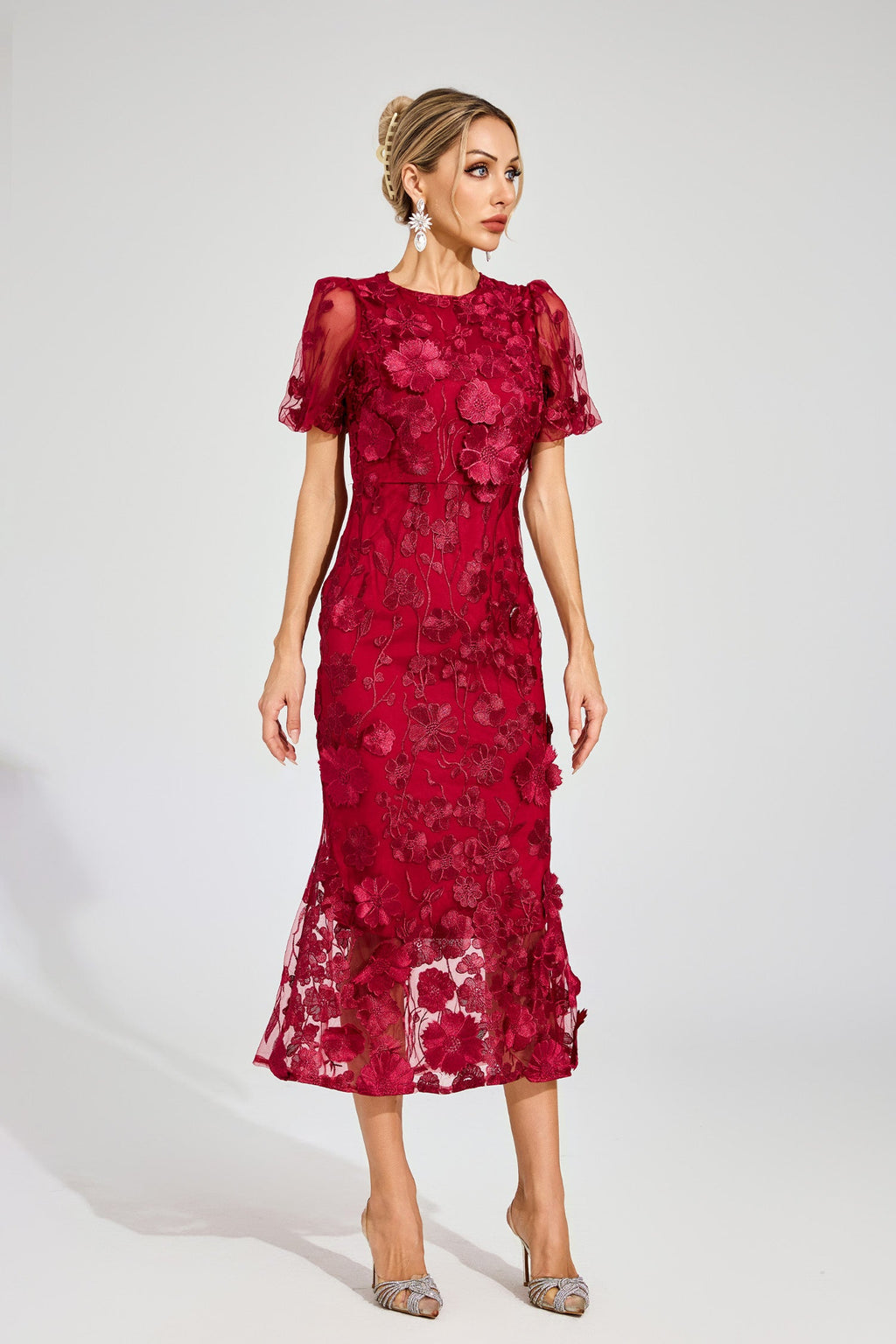 Elvandis Flower Mesh Maxi Dress In Red