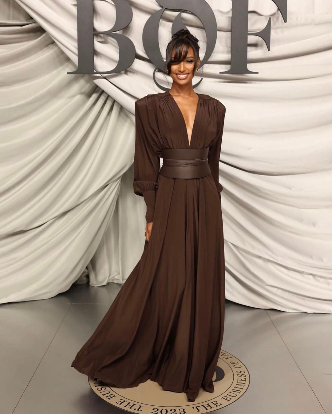 Wendie Long Sleeve Plunge V Neck Maxi Dress