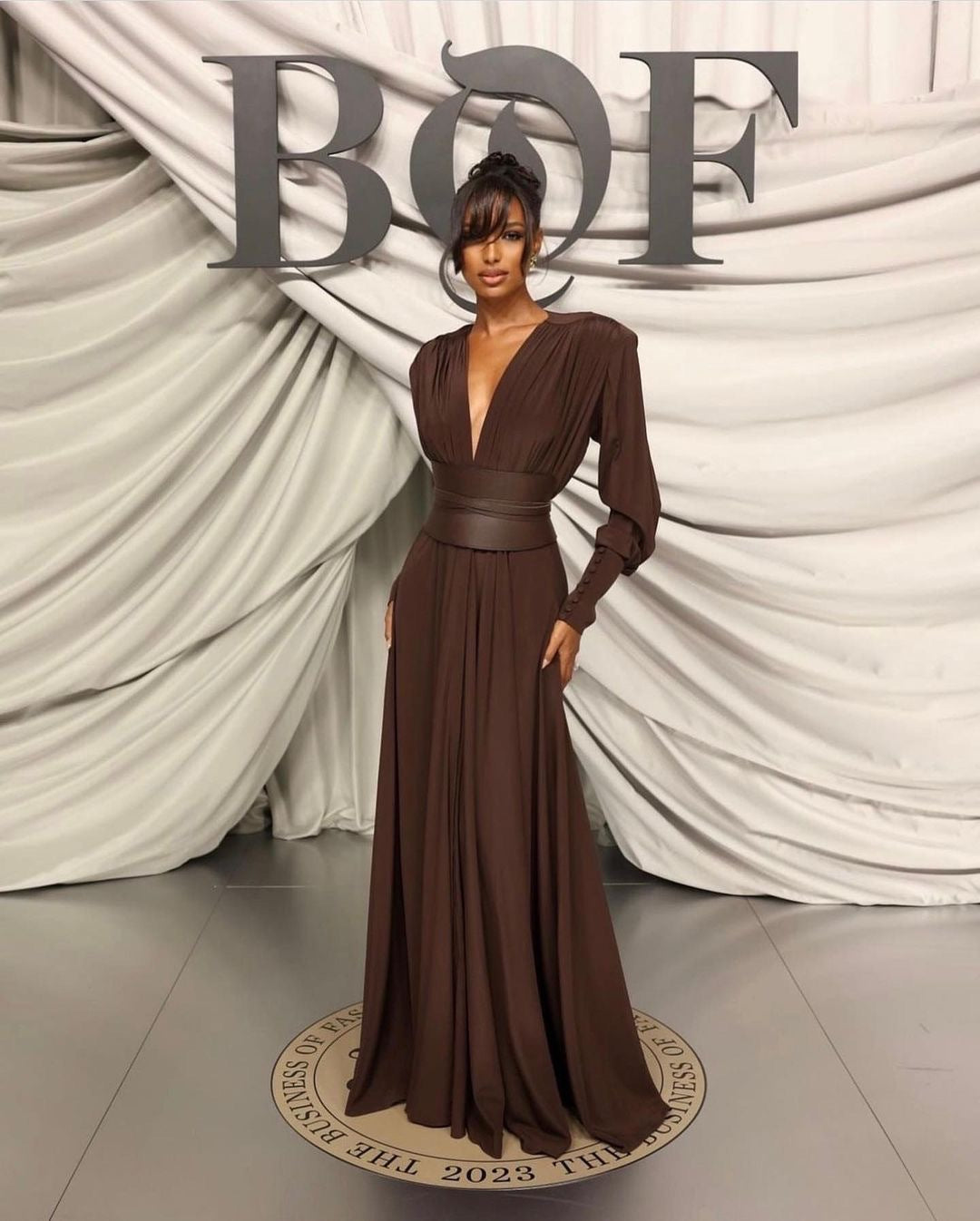 Wendie Long Sleeve Plunge V Neck Maxi Dress