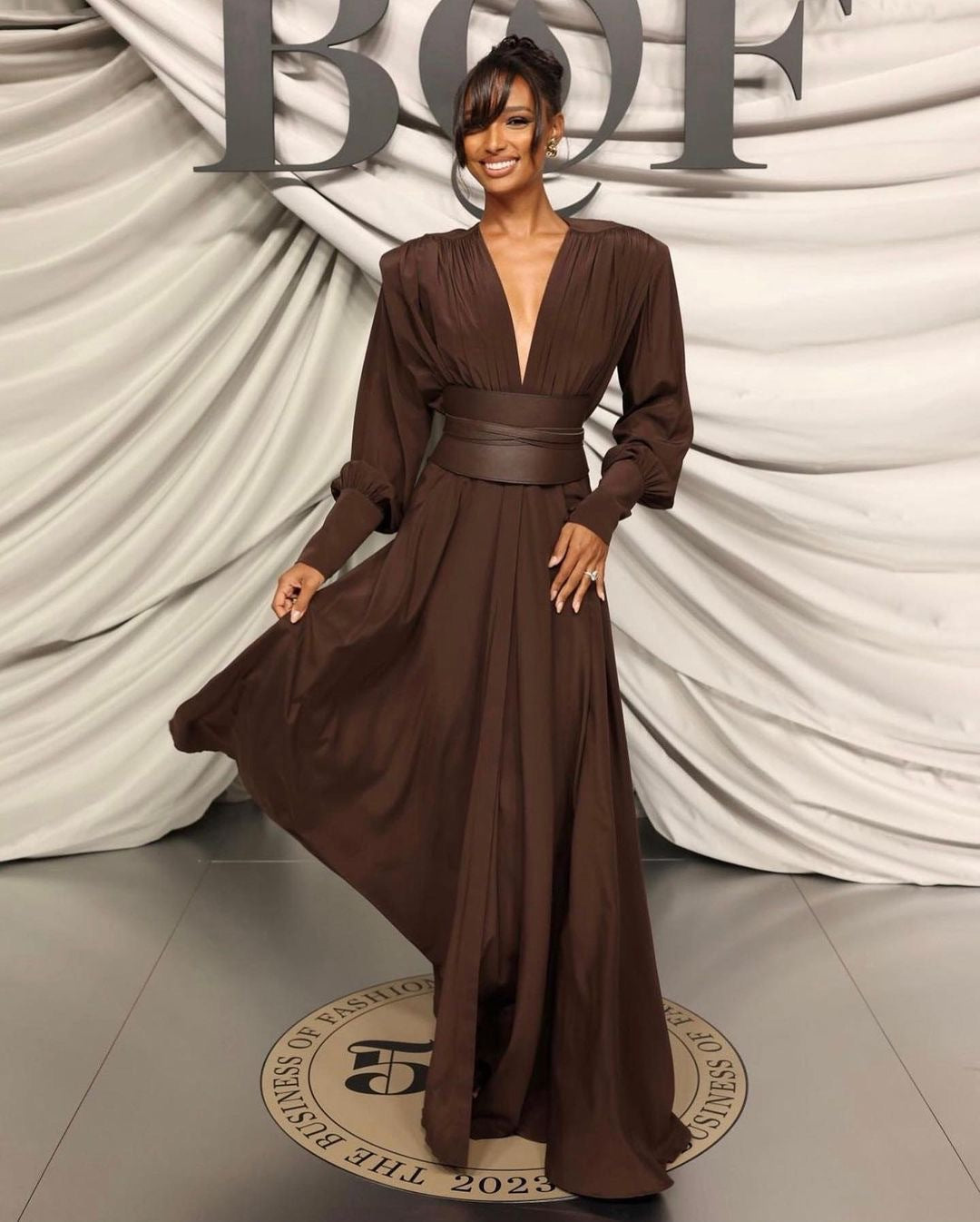Wendie Long Sleeve Plunge V Neck Maxi Dress
