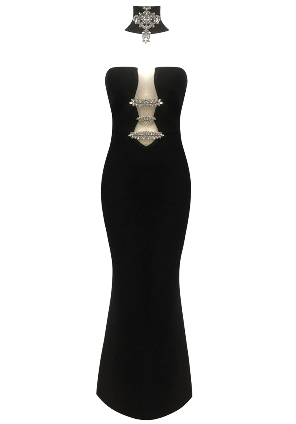 Aistys Strapless Crystal Choker Maxi Dress In Black