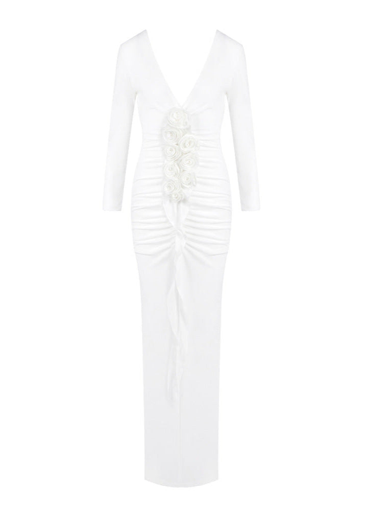 Syvrix V Neck 3D Floral Draped Maxi Dress In White