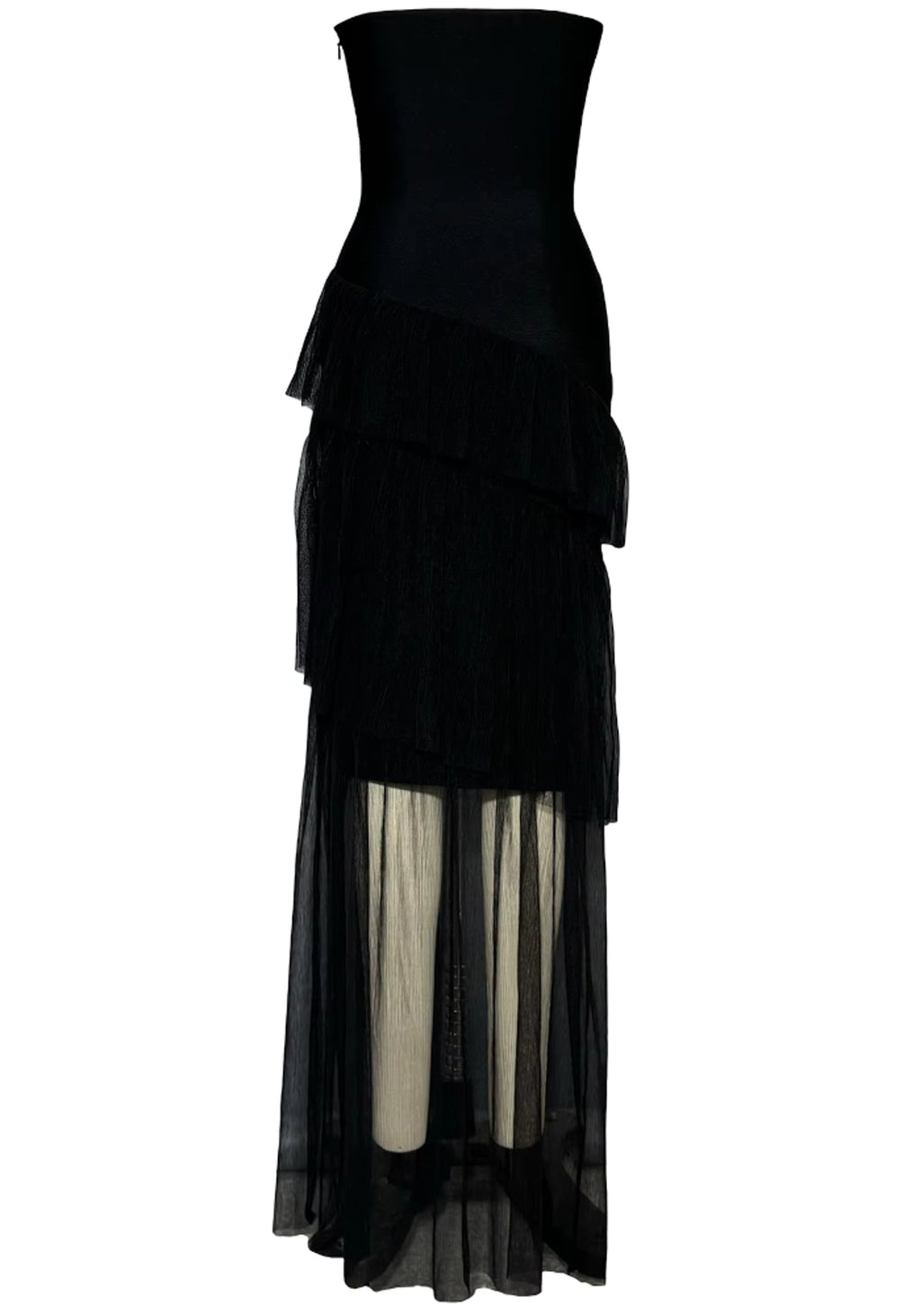 Syvanna Strapless Crystal Ruffle Maxi Dress In Black